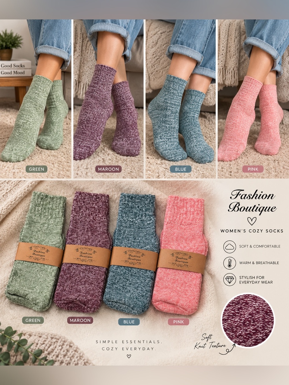 Cozy Marled Crew Socks - 5-Pack (Pink, Green, Purple, Blue, Mauve)